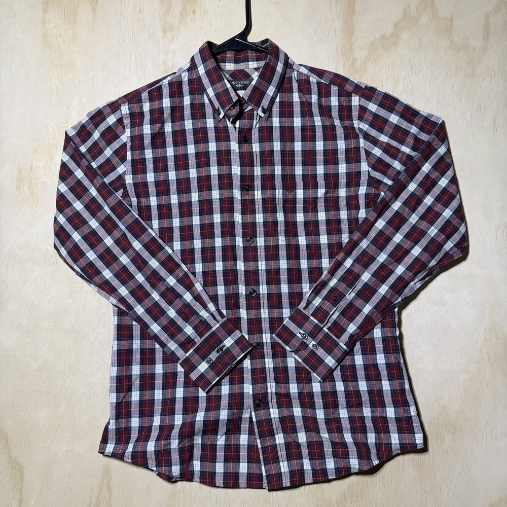 Dockers Mens Medium Plaid Button Down Shirt Long Sleeve Red Blue Casual Cotton